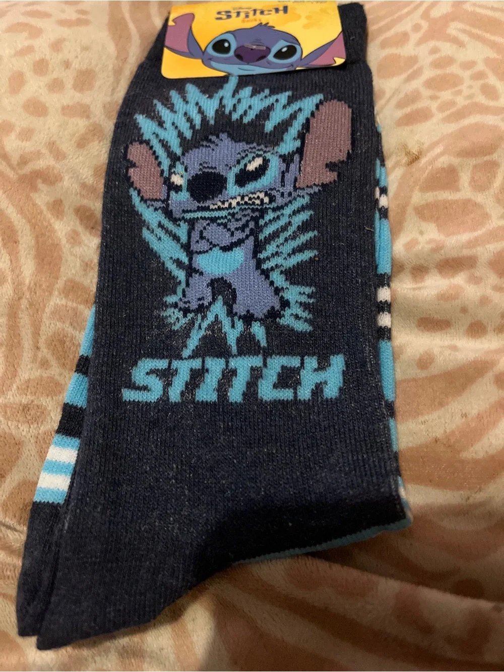 Disney Stitch Crew Socks Black Blue Adult Shoe Size 6.5-12 New With Tags